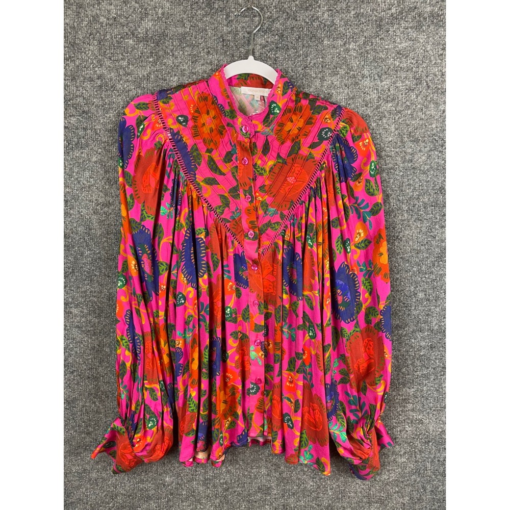 Olivaceous Floral Blouse Womens Medium Pink NWT Boho Pleated Balloon Sleeve